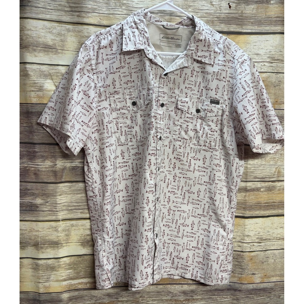 Eddie Bauer Mens Large Classic Fit Fish Print Short Sleeve Button Down Shirt